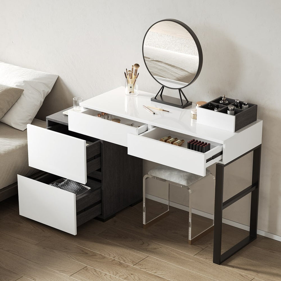 HMR - Glossy Vanity Table with Mirror and Side Cabinet in Black and White