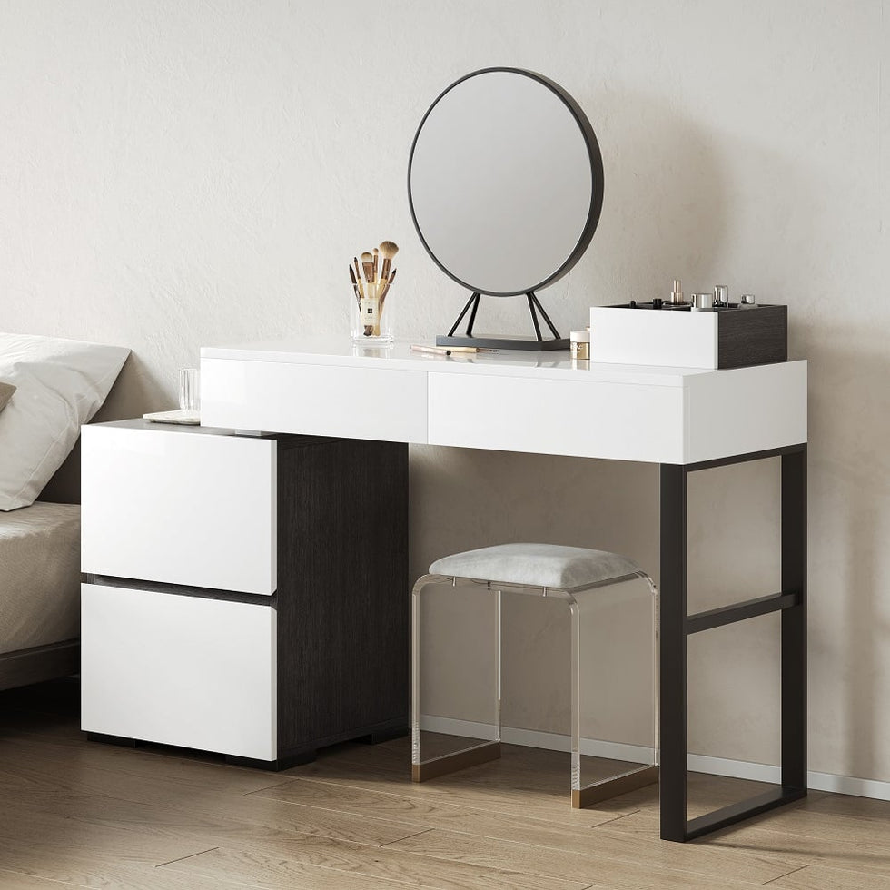 HMR - Glossy Vanity Table with Mirror and Side Cabinet in Black and White