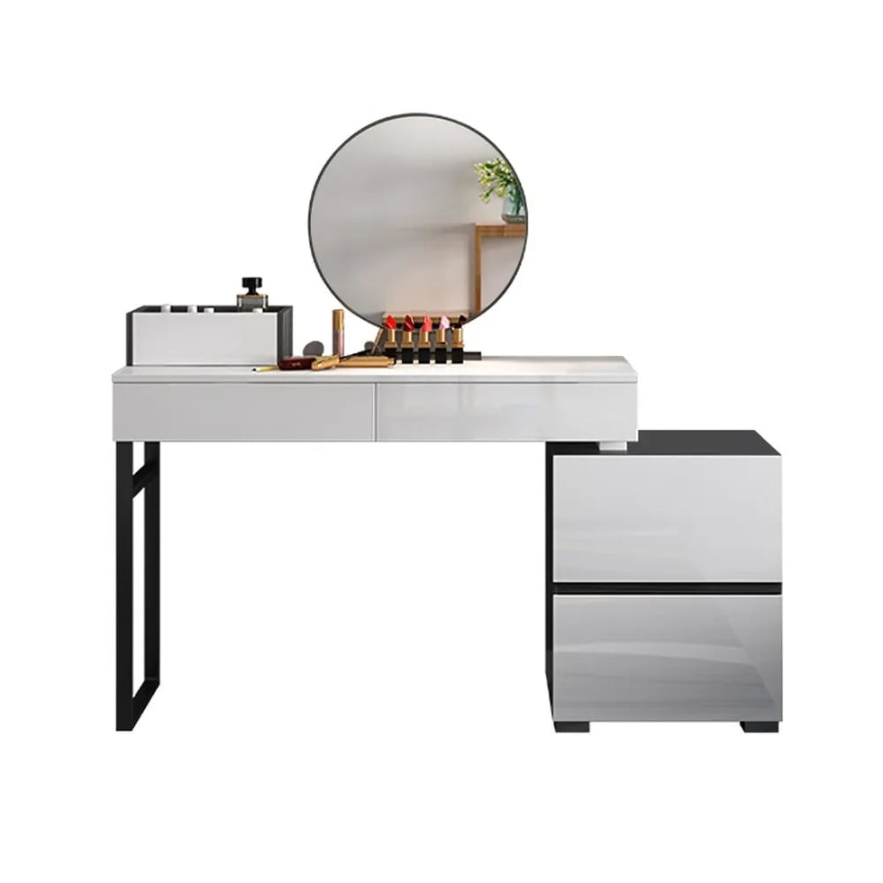 HMR - Glossy Vanity Table with Mirror and Side Cabinet in Black and White