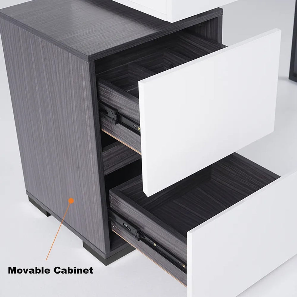 HMR - Glossy Vanity Table with Mirror and Side Cabinet in Black and White