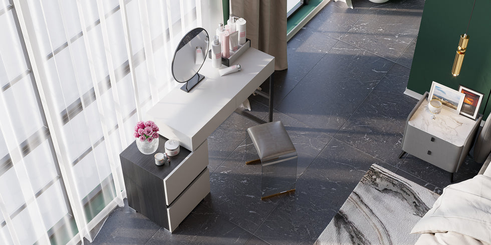 HMR - Glossy Vanity Table with Mirror and Side Cabinet in Black and White