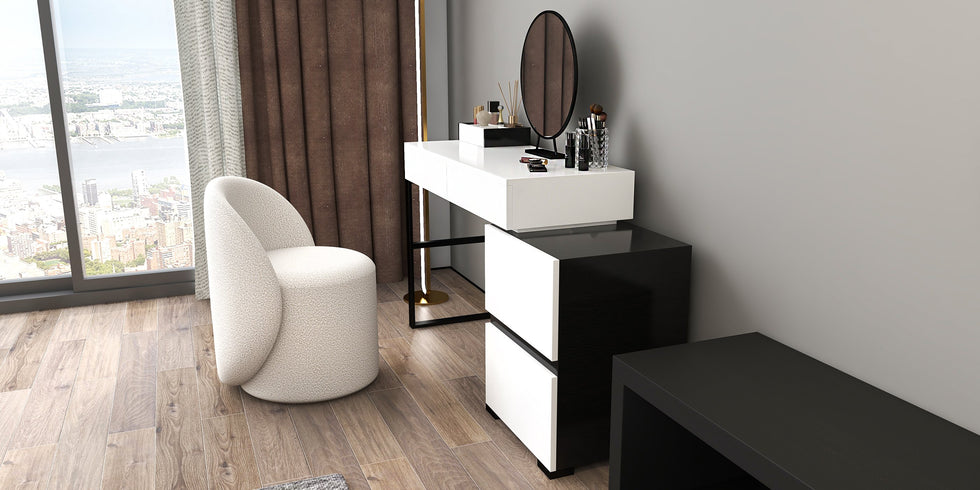 HMR - Glossy Vanity Table with Mirror and Side Cabinet in Black and White