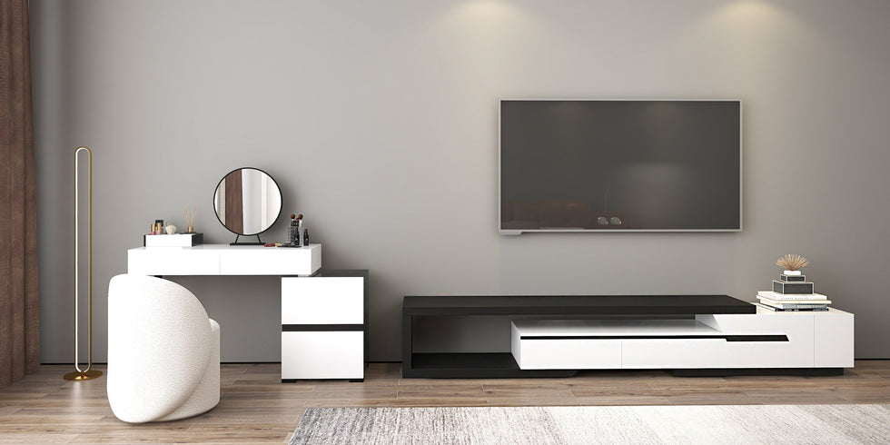HMR - Glossy Vanity Table with Mirror and Side Cabinet in Black and White