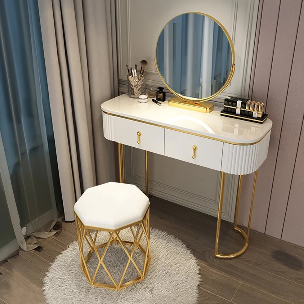 HMR - Pursorr Oval Vanity Table with Rotatable Mirror and Nesting Stool in 39.4"W