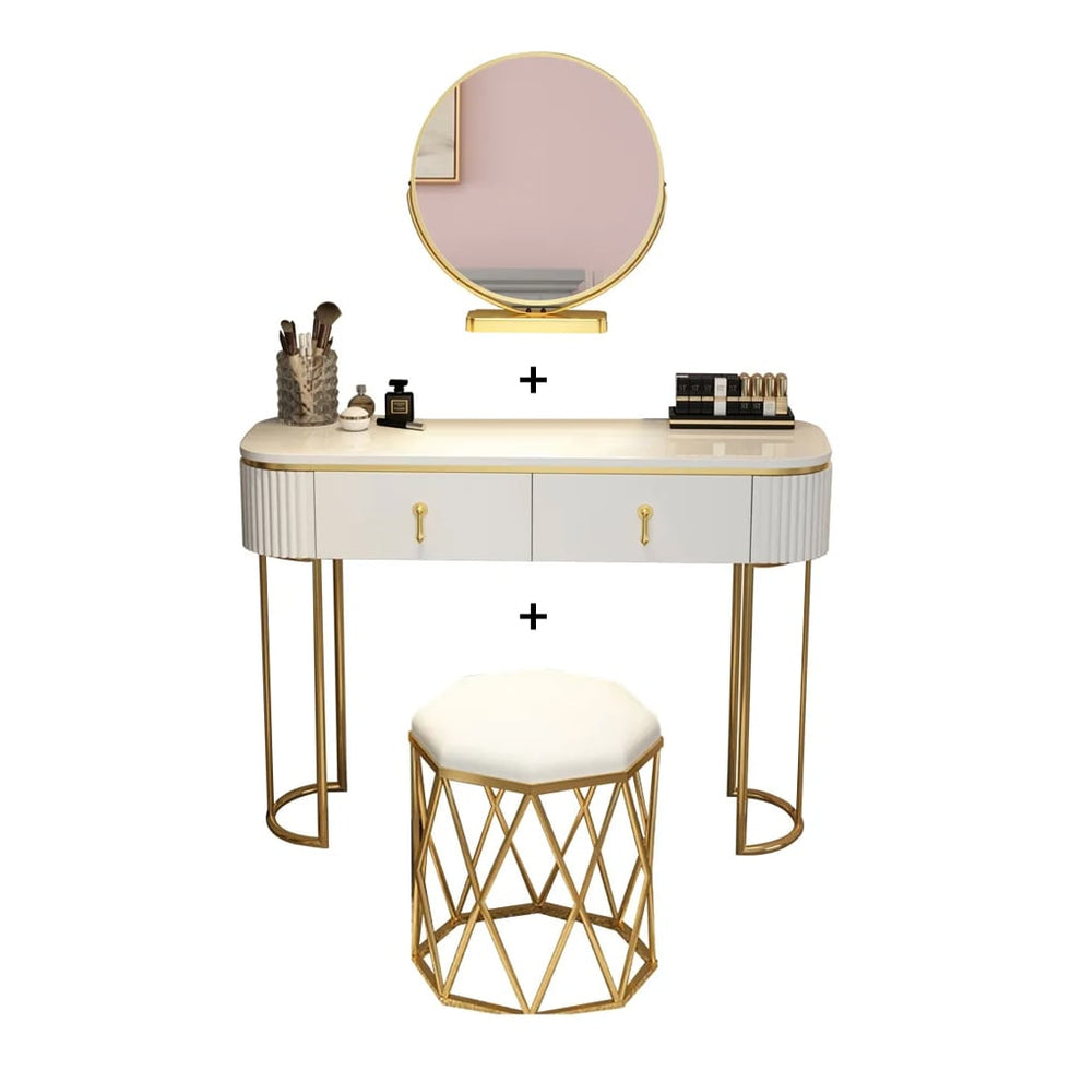HMR - Pursorr Oval Vanity Table with Rotatable Mirror and Nesting Stool in 39.4"W