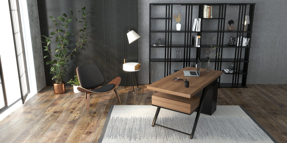 HMR - Office Computer Desk with 4 Drawers in Metal Legs in 59"L, Black, Natural