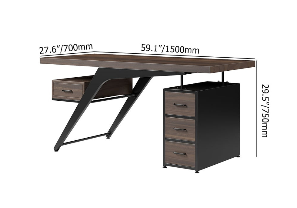 HMR - Office Computer Desk with 4 Drawers in Metal Legs in 59"L, Black, Natural