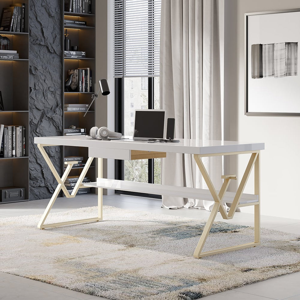 HMR - Modern 59" Writing Desk with Drawer & Shelf