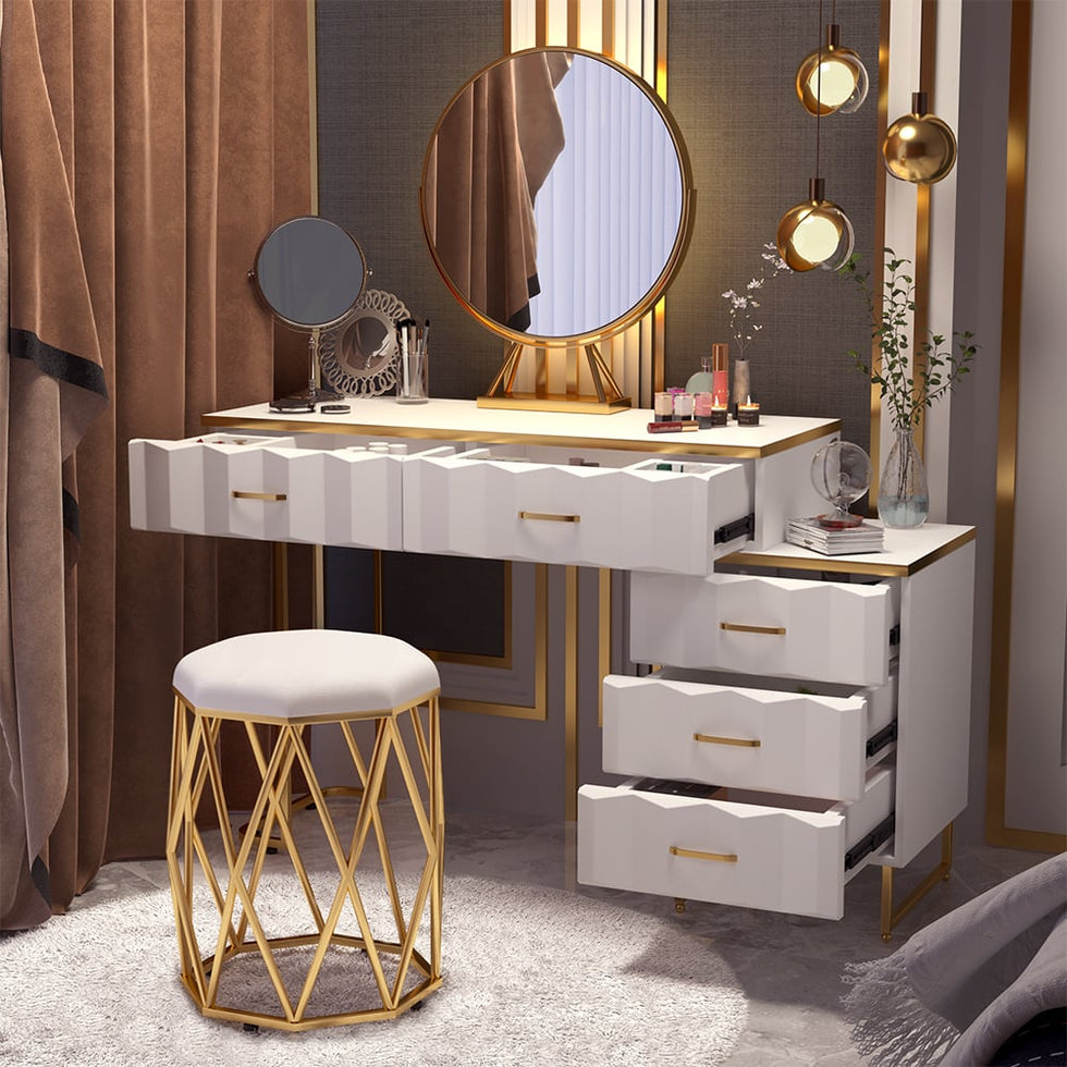 HMR - 5-Drawer Vanity Table Set with Stool and Mirror in White