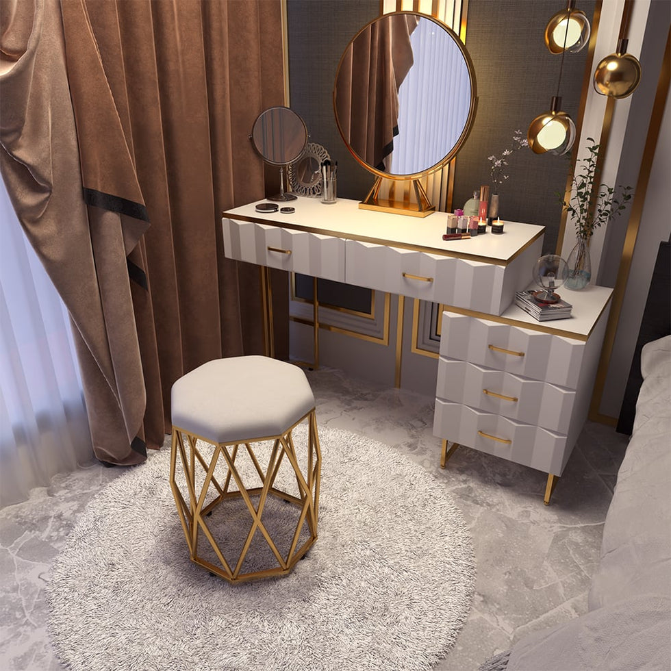HMR - 5-Drawer Vanity Table Set with Stool and Mirror in White