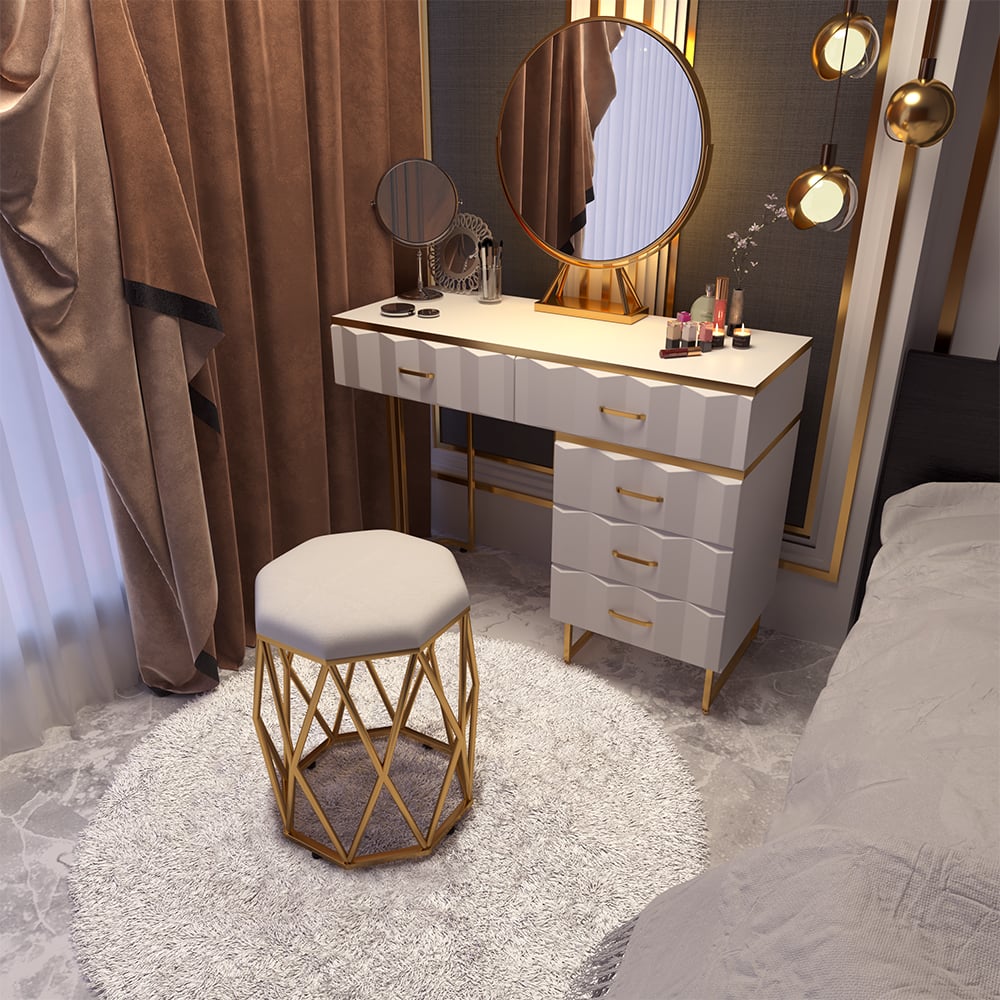 HMR - 5-Drawer Vanity Table Set with Stool and Mirror in White