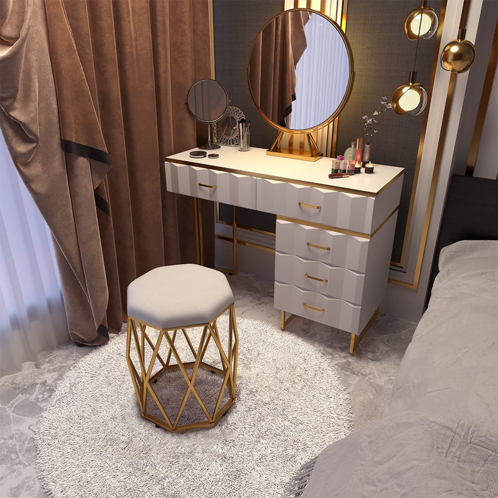 HMR - 5-Drawer Vanity Table Set with Stool and Mirror in White