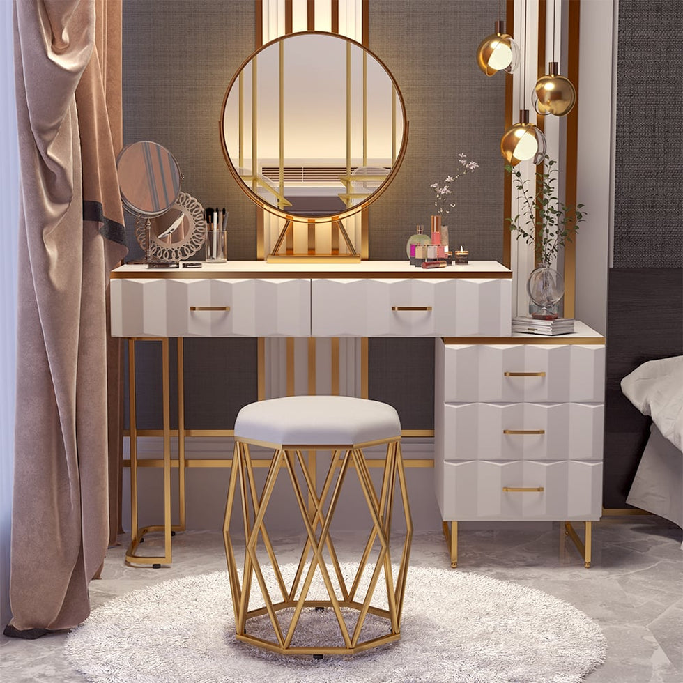 HMR - 5-Drawer Vanity Table Set with Stool and Mirror in White