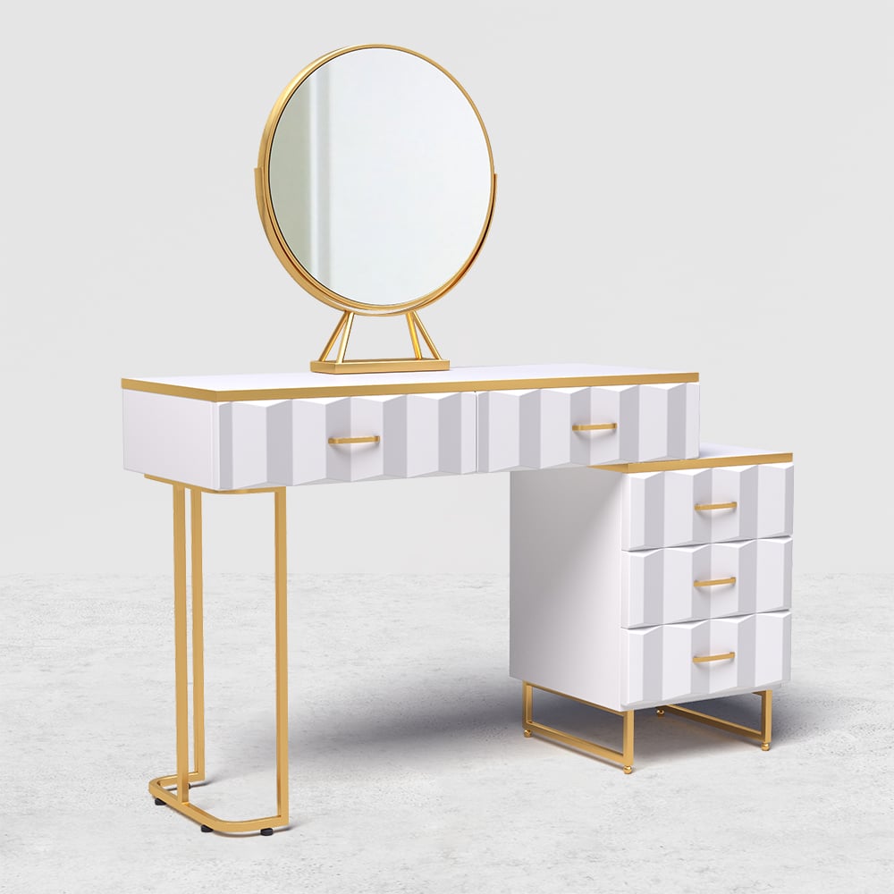 HMR - 5-Drawer Vanity Table Set with Stool and Mirror in White
