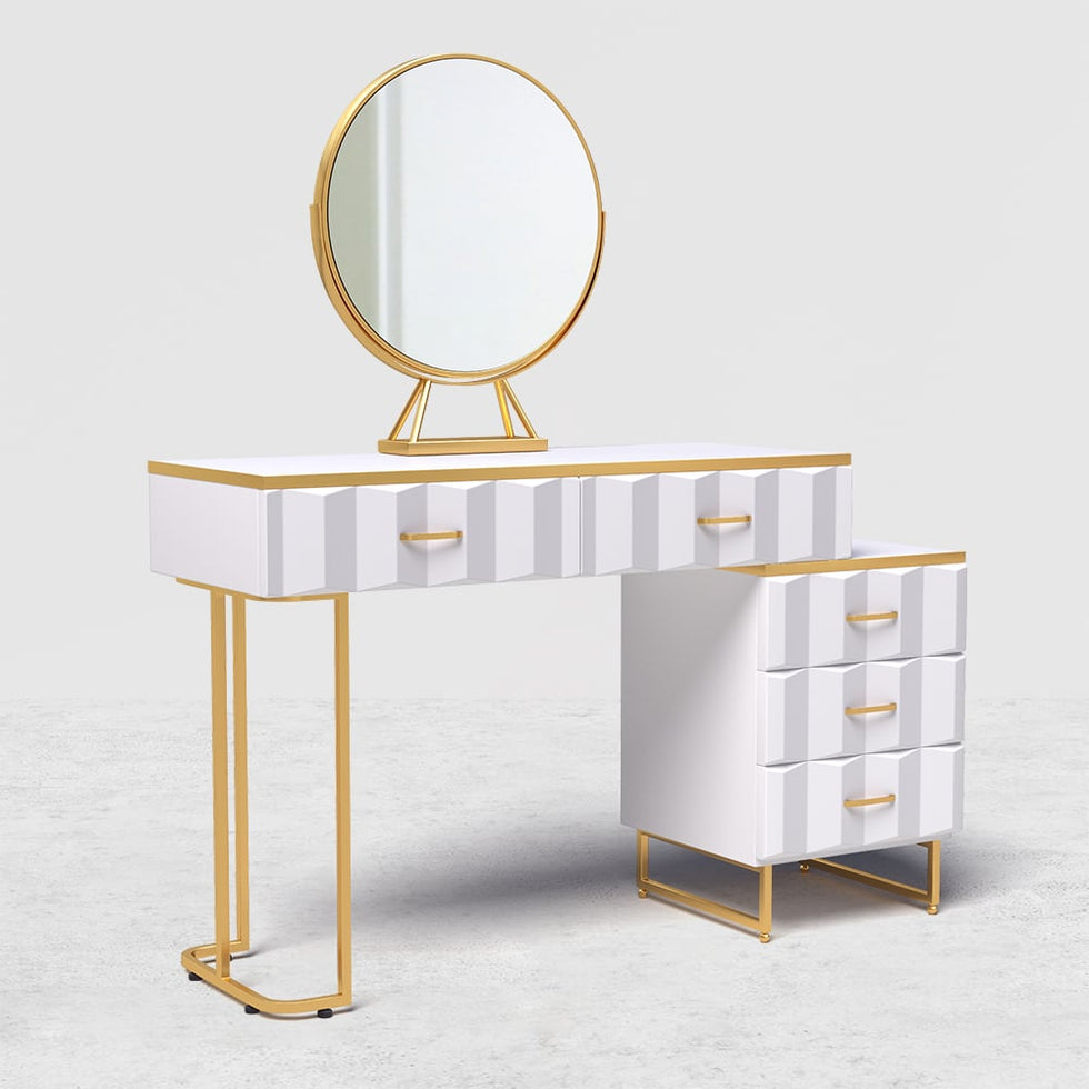 HMR - 5-Drawer Vanity Table Set with Stool and Mirror in White