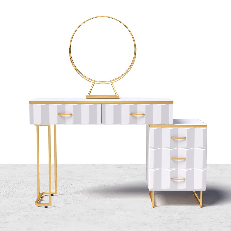 HMR - 5-Drawer Vanity Table Set with Stool and Mirror in White