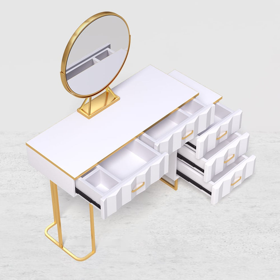 HMR - 5-Drawer Vanity Table Set with Stool and Mirror in White