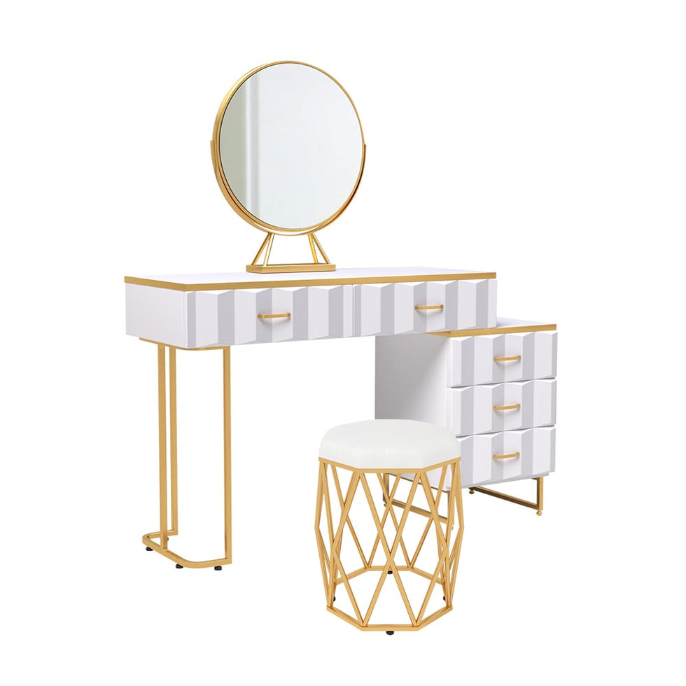 HMR - 5-Drawer Vanity Table Set with Stool and Mirror in White