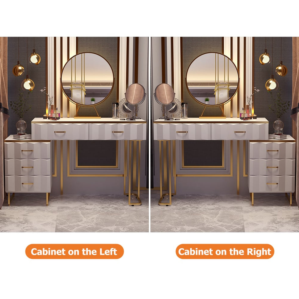 HMR - 5-Drawer Vanity Table Set with Stool and Mirror in White