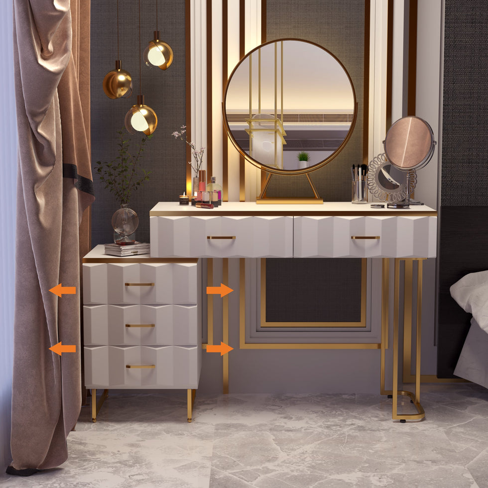HMR - 5-Drawer Vanity Table Set with Stool and Mirror in White