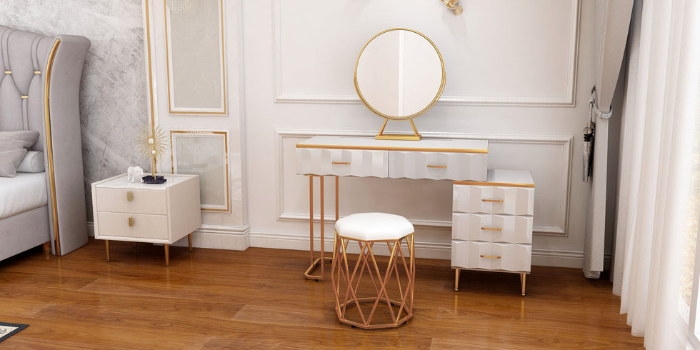 HMR - 5-Drawer Vanity Table Set with Stool and Mirror in White