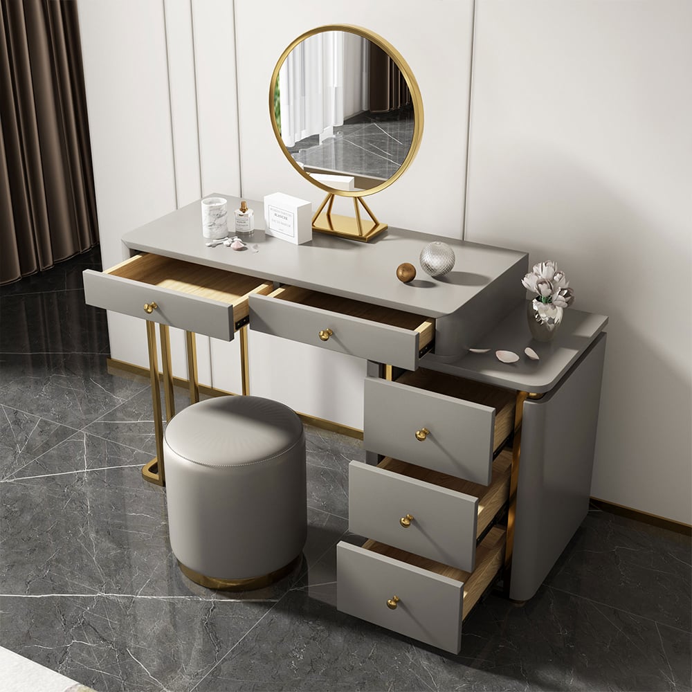 HMR - Retracted 5-Drawer Vanity Table with Stooland Cabinet in Gray