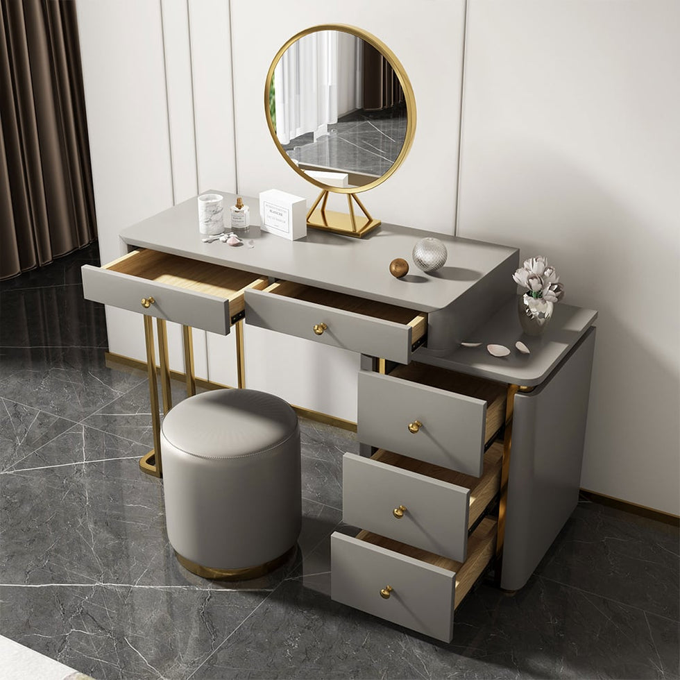 HMR - Retracted 5-Drawer Vanity Table with Stooland Cabinet in Gray