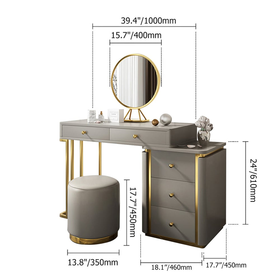 HMR - Retracted 5-Drawer Vanity Table with Stooland Cabinet in Gray