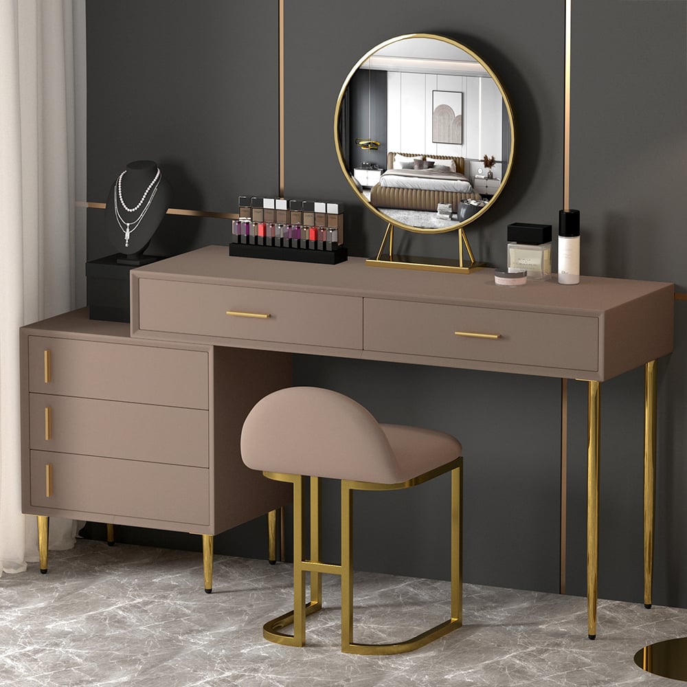 HMR - Modern Makeup Vanity Set Retracted Dressing Table Cabinet & Stool & Mirror Included