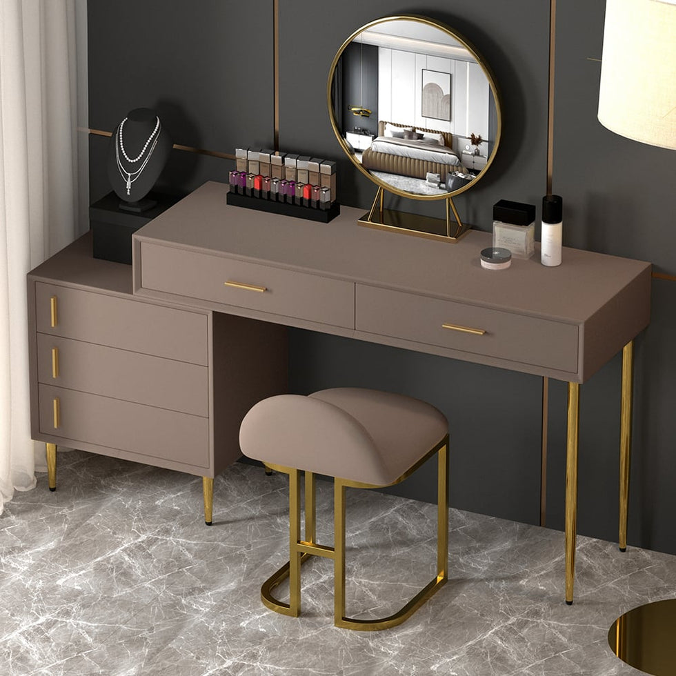 HMR - Modern Makeup Vanity Set Retracted Dressing Table Cabinet & Stool & Mirror Included