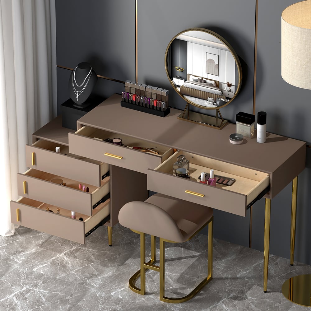 HMR - Modern Makeup Vanity Set Retracted Dressing Table Cabinet & Stool & Mirror Included