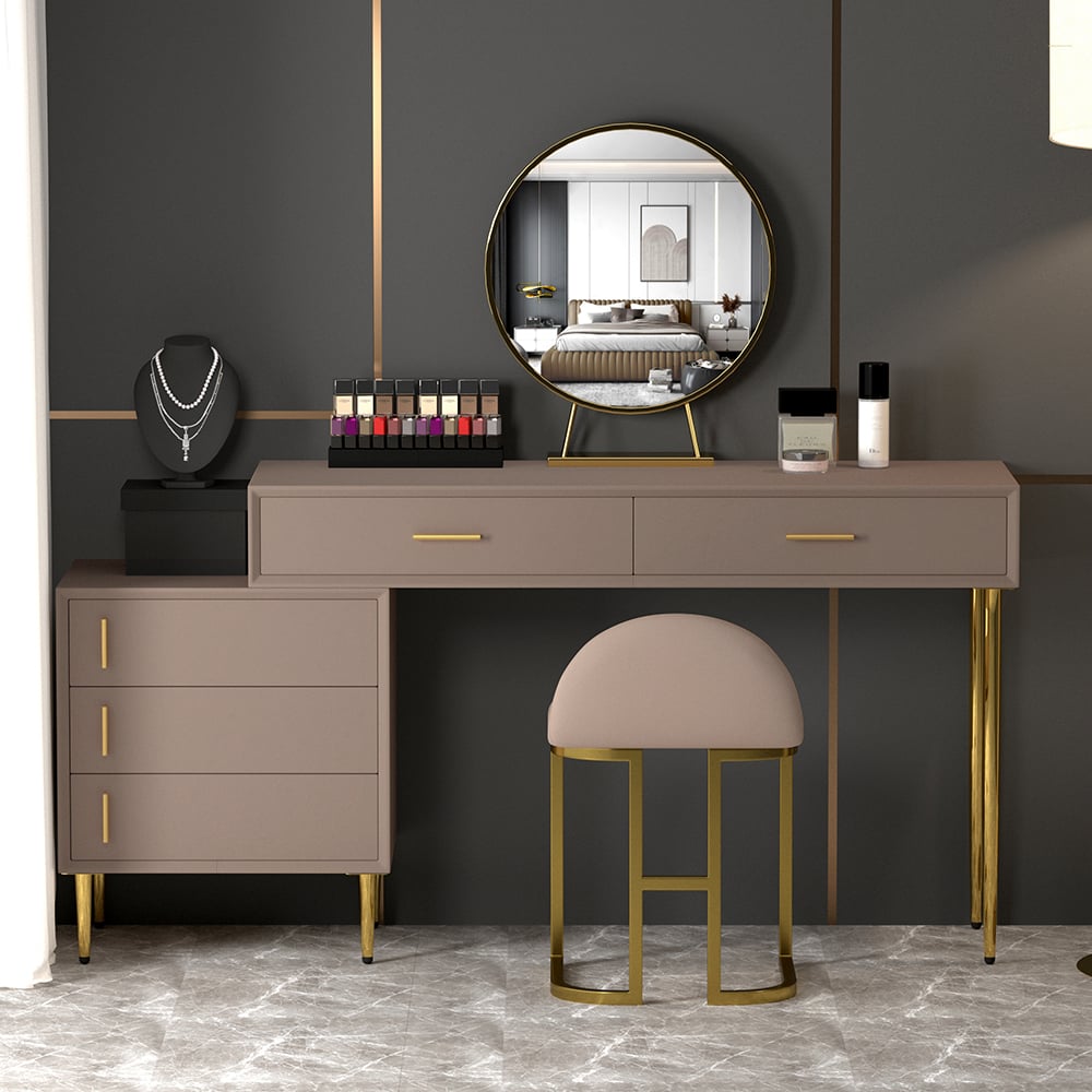 HMR - Modern Makeup Vanity Set Retracted Dressing Table Cabinet & Stool & Mirror Included
