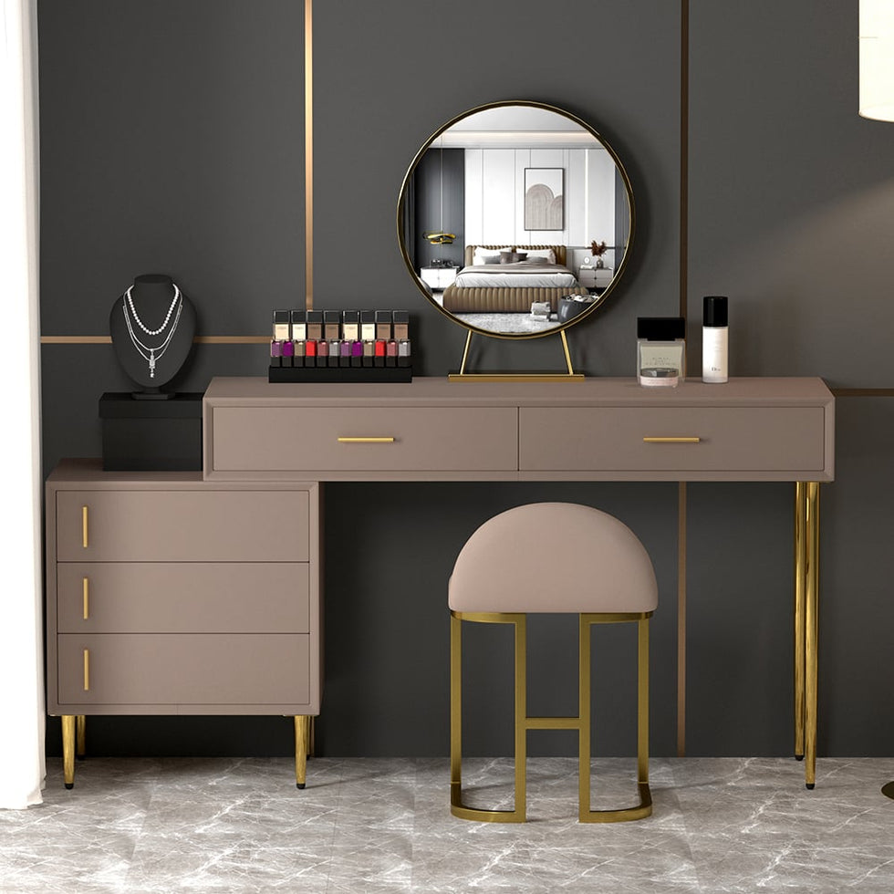 HMR - Modern Makeup Vanity Set Retracted Dressing Table Cabinet & Stool & Mirror Included