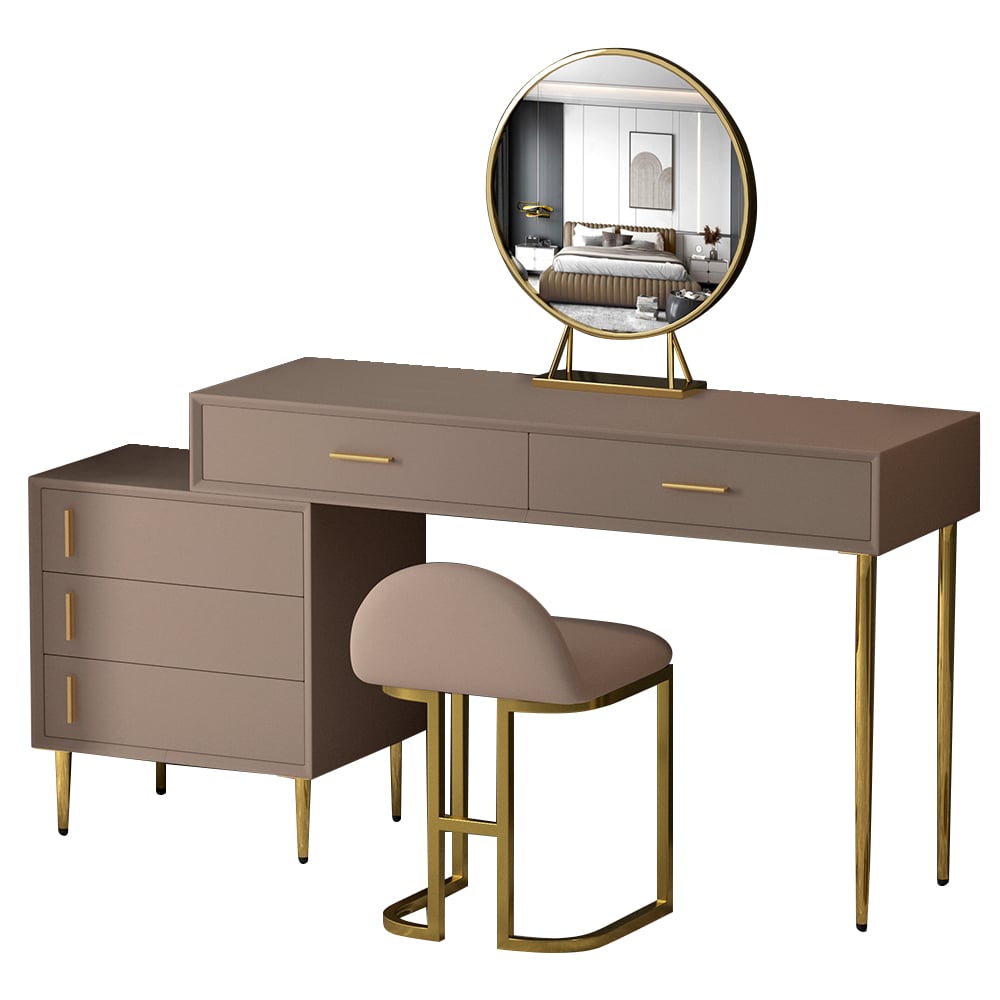 HMR - Modern Makeup Vanity Set Retracted Dressing Table Cabinet & Stool & Mirror Included