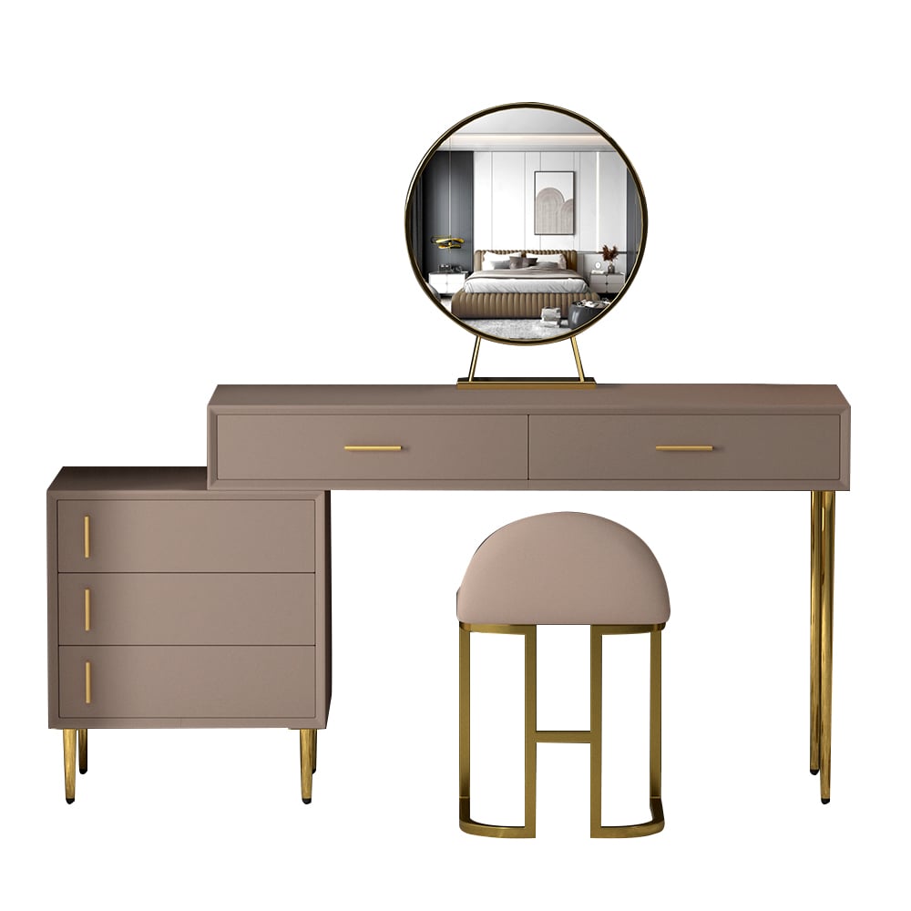HMR - Modern Makeup Vanity Set Retracted Dressing Table Cabinet & Stool & Mirror Included