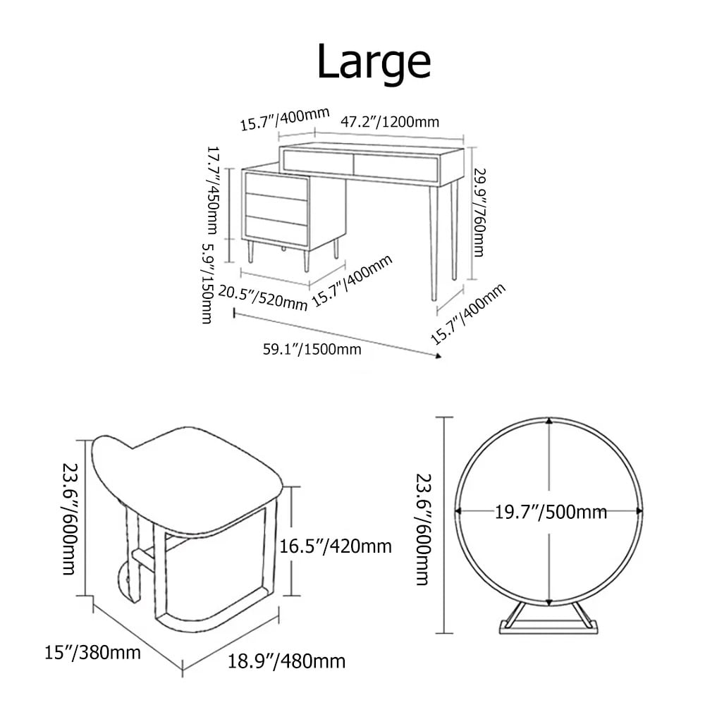 HMR - Modern Makeup Vanity Set Retracted Dressing Table Cabinet & Stool & Mirror Included