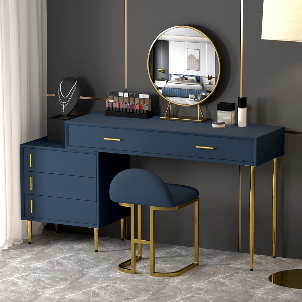 HMR - Modern Makeup Vanity Set Retracted Dressing Table Cabinet & Stool & Mirror Included