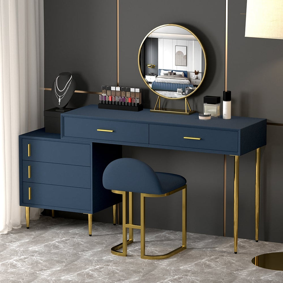 HMR - Modern Makeup Vanity Set Retracted Dressing Table Cabinet & Stool & Mirror Included