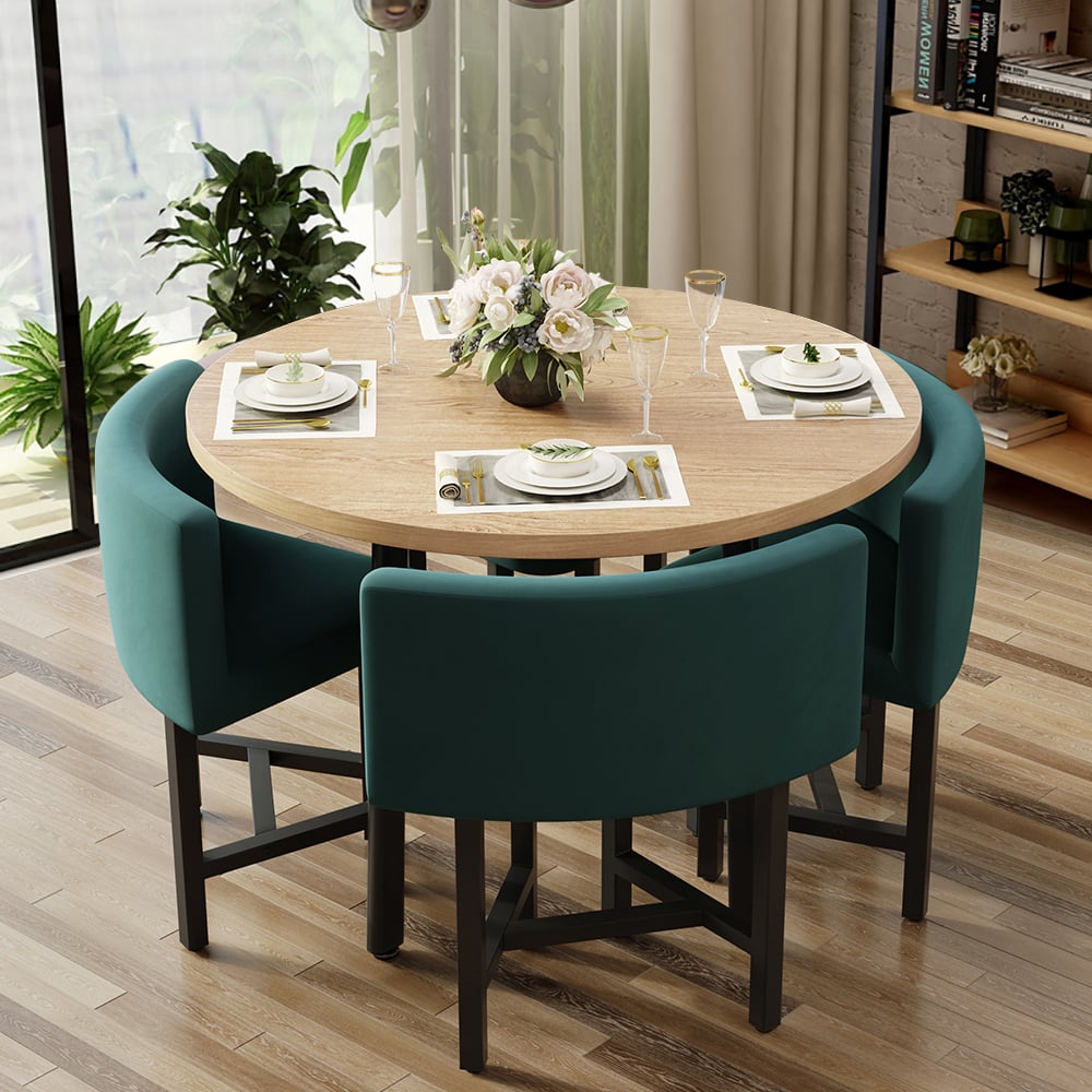 HMR - Dining Set 394 Modern Round Wood Dining Table with 4 Chairs