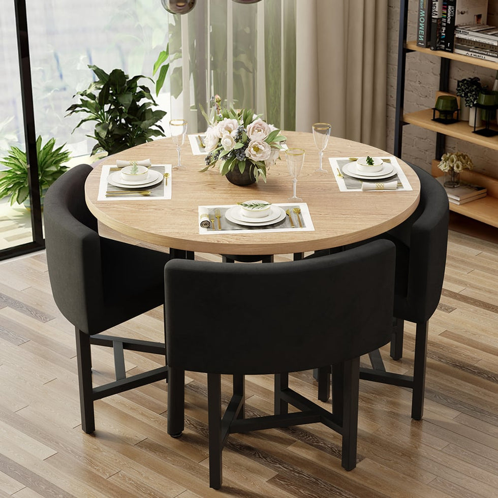 HMR - Dining Set 394 Modern Round Wood Dining Table with 4 Chairs