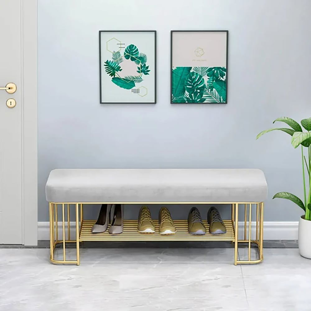 HMR - Modern Velvet Upholstered Entryway Bench with Shoe Storage with Frame and Shel in Gray