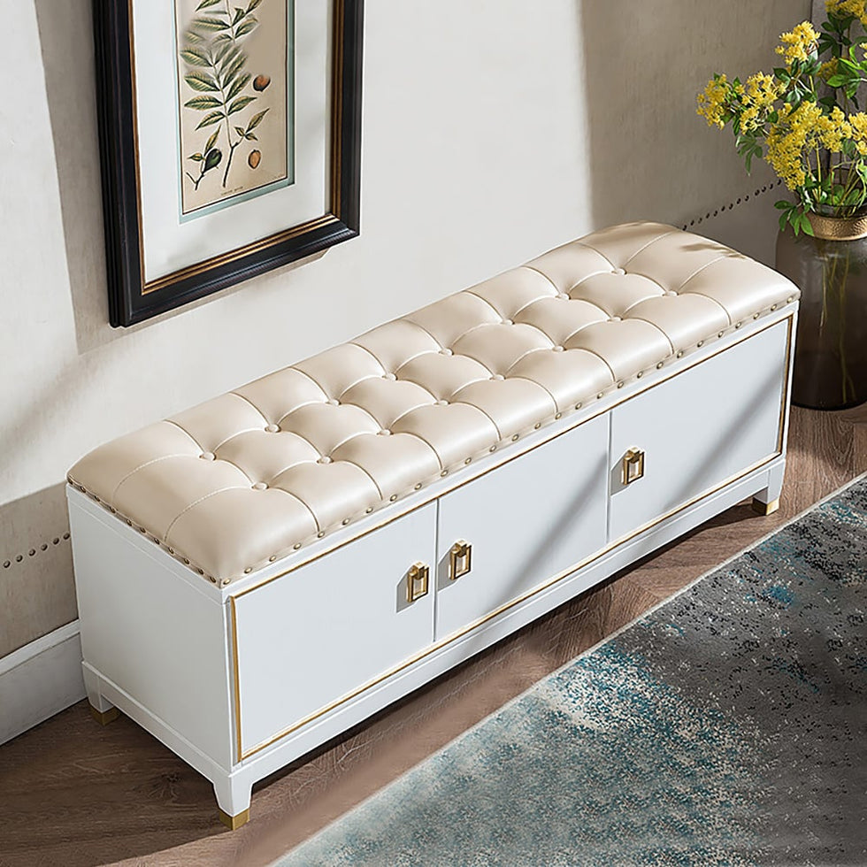 HMR - Faux Leather Bench with Storage Cabinet 3-Door in White and Champagne
