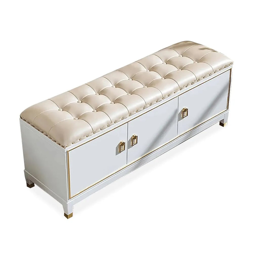 HMR - Faux Leather Bench with Storage Cabinet 3-Door in White and Champagne