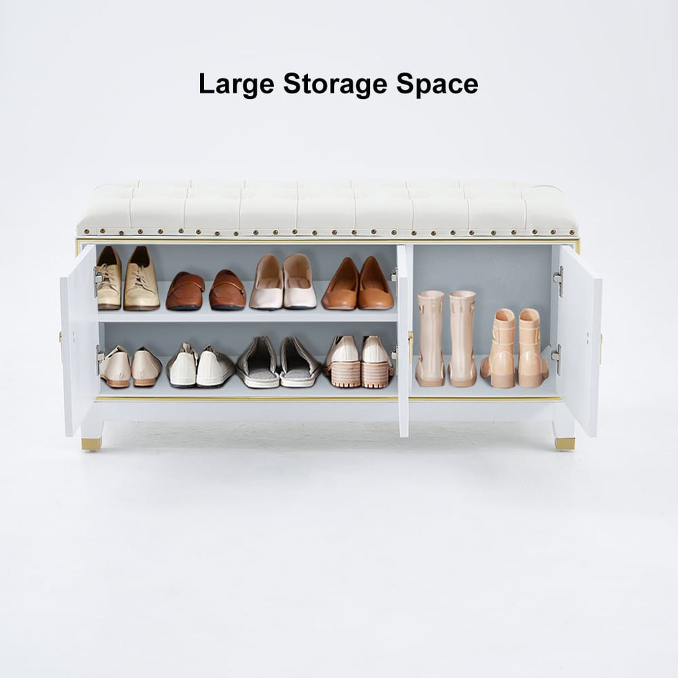HMR - Faux Leather Bench with Storage Cabinet 3-Door in White and Champagne