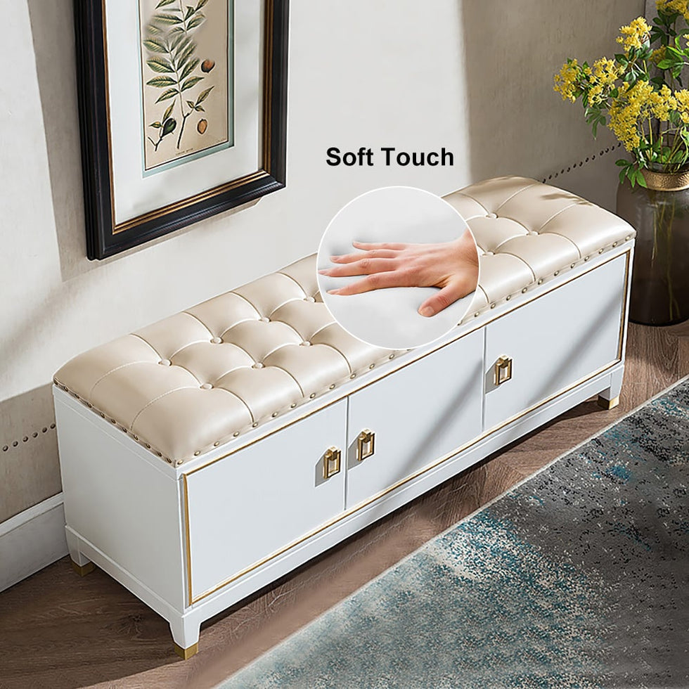 HMR - Faux Leather Bench with Storage Cabinet 3-Door in White and Champagne