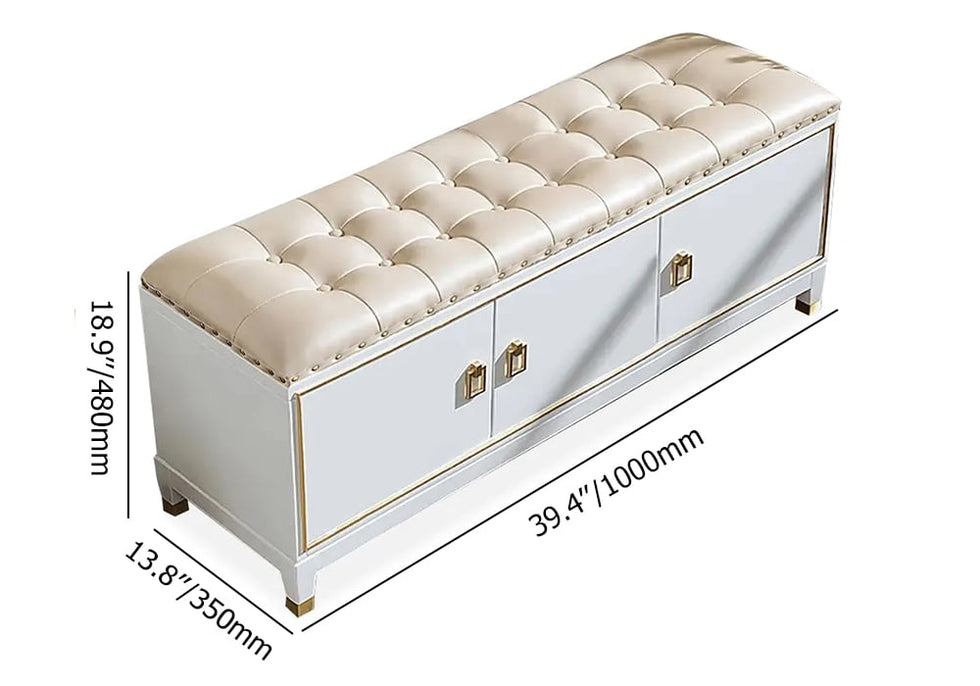 HMR - Faux Leather Bench with Storage Cabinet 3-Door in White and Champagne