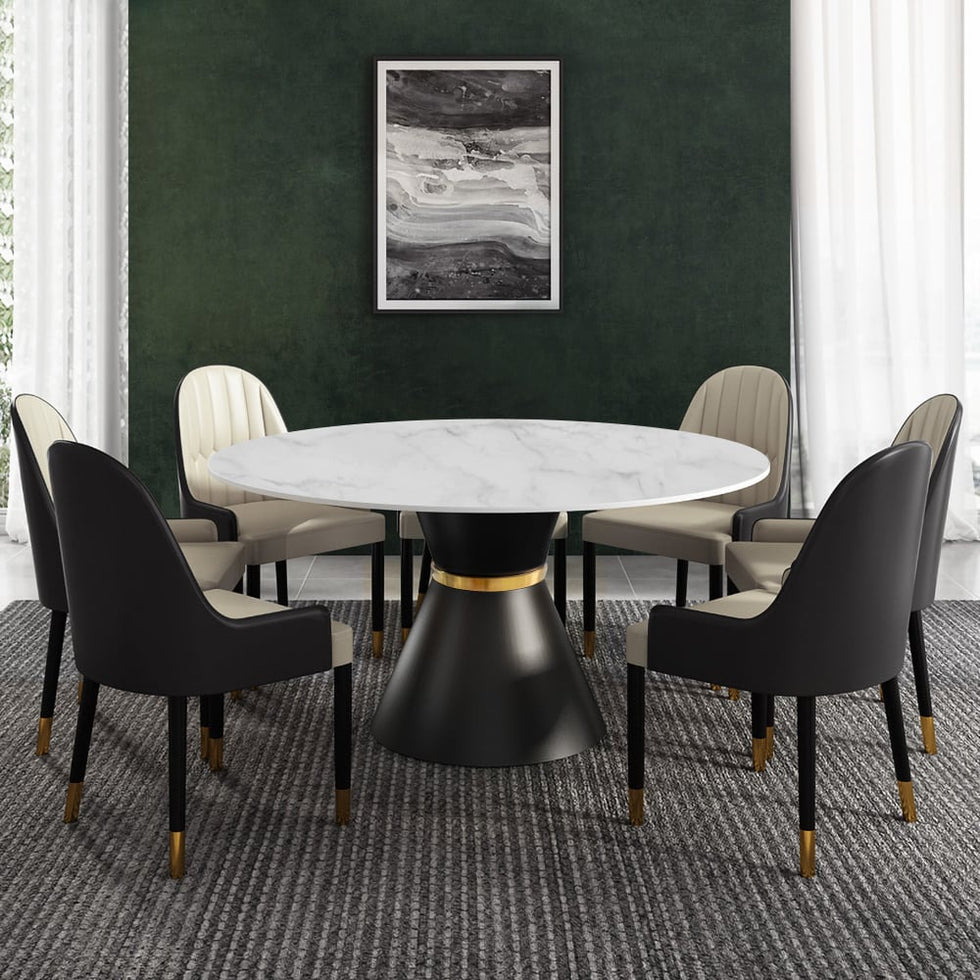 HMR - Round White Dining Table Black Carbon Steel Base in 47.2"L