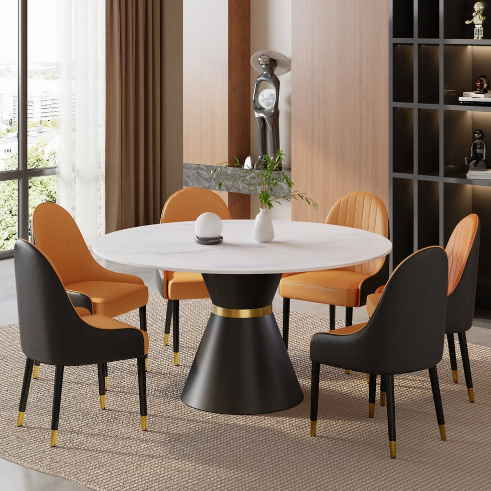HMR - Round White Dining Table Black Carbon Steel Base in 47.2"L
