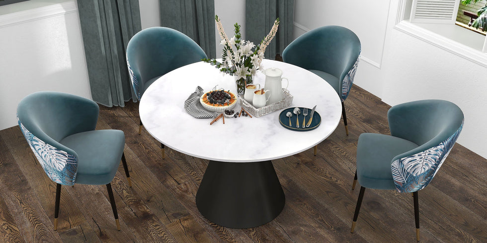 HMR - Round White Dining Table Black Carbon Steel Base in 47.2"L