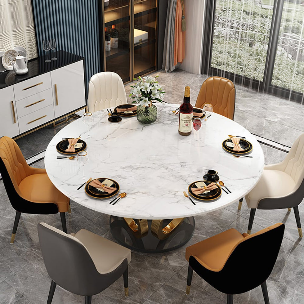 HMR - Round Dining Table for 6 Person with Black Pedestal in 53"Dia , Gold and White